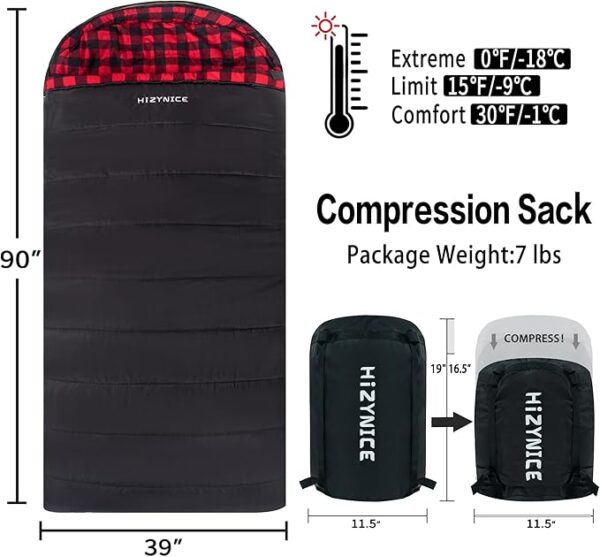 0 Degree Sleeping Bag 100% Cotton Flannel XXL for Adults Big and Tall Cold Weather Winter Zero Degree Camping,Free Compression Sack - Image 2