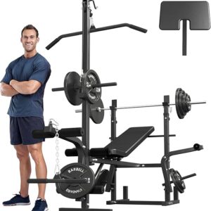 Mikolo 8 in 1 Olympic Weight Bench Set with Leg Extension and Leg Curl, Multi-Function Bench Press Set with Preacher Curl Pad and Chest Fly, Full-Body Strength Training Equipment