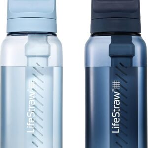 LifeStraw Go Series – BPA-Free Water Filter Bottle for Travel and Everyday use removes Bacteria, parasites and microplastics, Improves Taste, 1L 2-Pack; Icelandic Blue and Aegean Sea