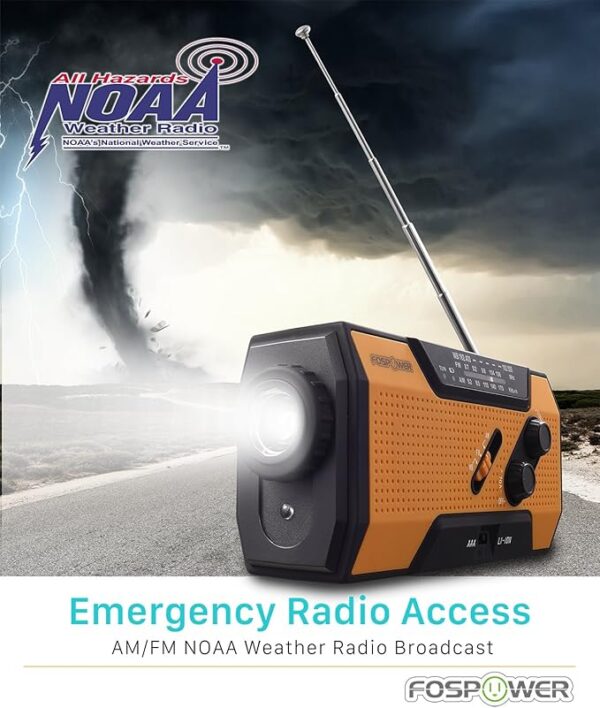 FosPower Emergency Weather Radio (Model A1) NOAA/AM/FM with 7400mWh Portable Power Bank, USB/Solar/Hand Crank Charging, Battery Operated, SOS Alarm & Flashlight for Indoor/Outdoor Emergencies - Image 3