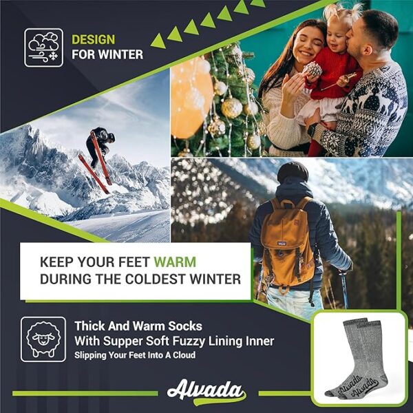 Alvada Merino Wool Hiking Socks Thermal Warm Crew Winter Boot Sock For Men & Women 3 Pairs - Image 3