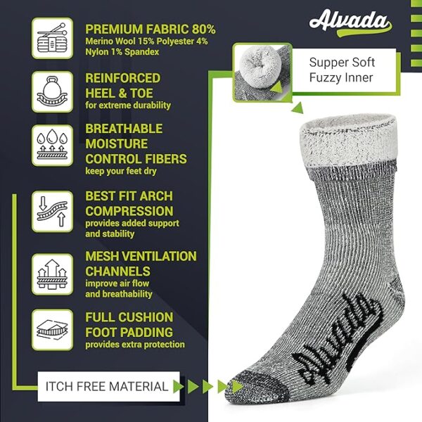 Alvada Merino Wool Hiking Socks Thermal Warm Crew Winter Boot Sock For Men & Women 3 Pairs - Image 2